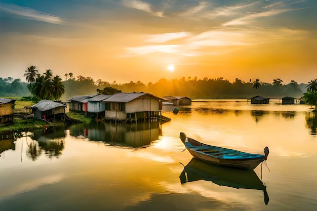 una barca sull'acqua con uno sfondo al tramonto