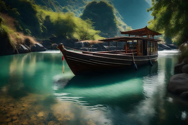 Una barca sull'acqua con uno sfondo di montagne.