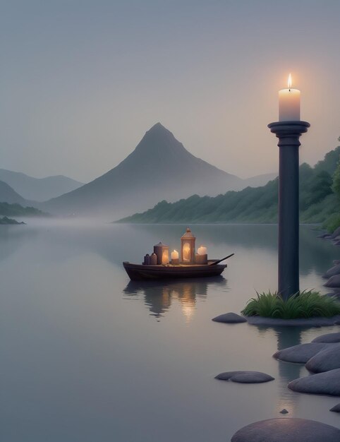una barca sull'acqua e una lampada
