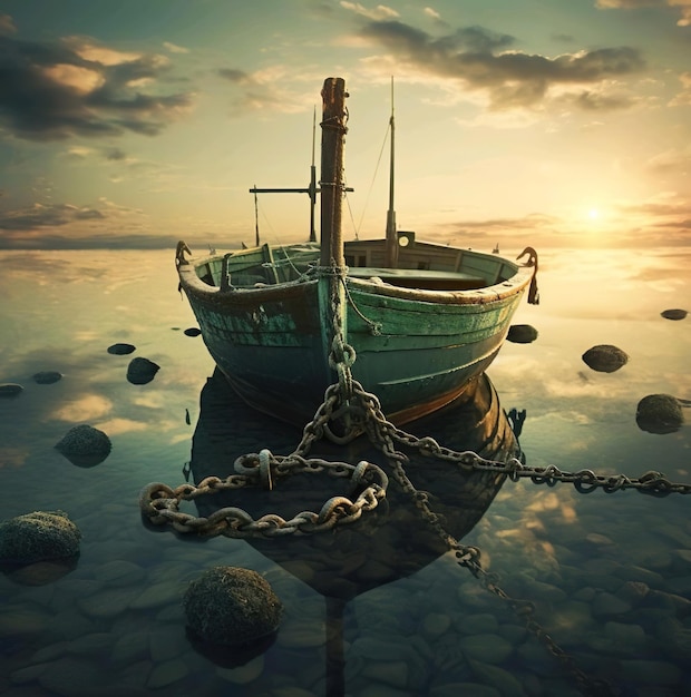 Una barca sull'oceano con l'illustrazione della vista del tramonto