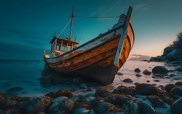 Una barca sulla riva dell'oceano con il sole che tramonta dietro di essa.