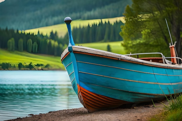una barca sulla riva di un lago con alberi sullo sfondo