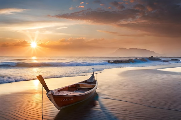 Una barca sulla spiaggia con il sole che tramonta dietro di essa