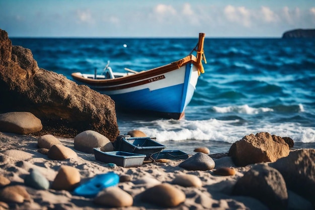 una barca sulla spiaggia con rocce e ciottoli sullo sfondo