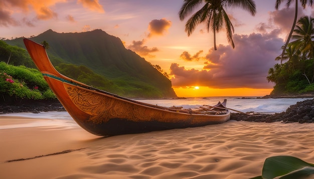 una barca sulla spiaggia con una palma sullo sfondo