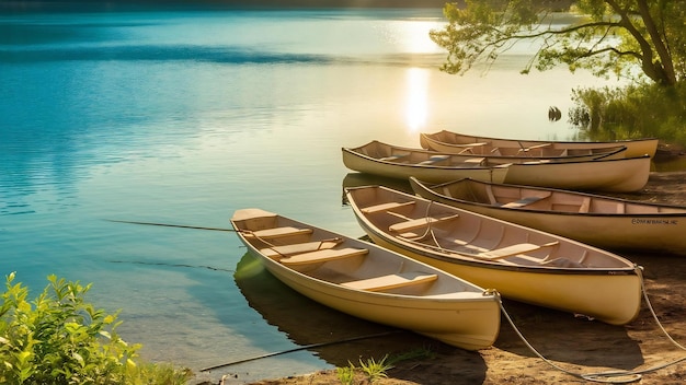 Una barca vuota sul lago blu e calmo