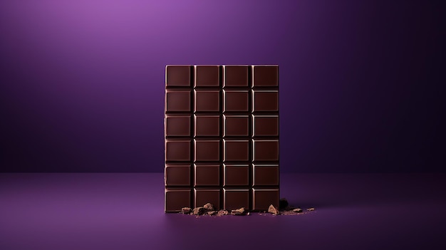 Una barretta di cioccolato scuro impeccabile si erge su uno sfondo viola i suoi quadrati perfetti suggerendo