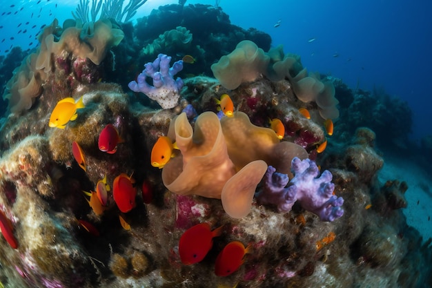 Una barriera corallina colorata con una varietà di pesci su di essa
