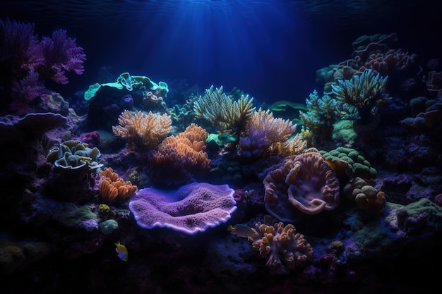 Una barriera corallina con dietro una luce blu