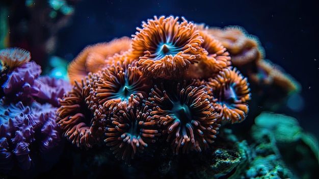 Una barriera corallina con dietro una luce blu