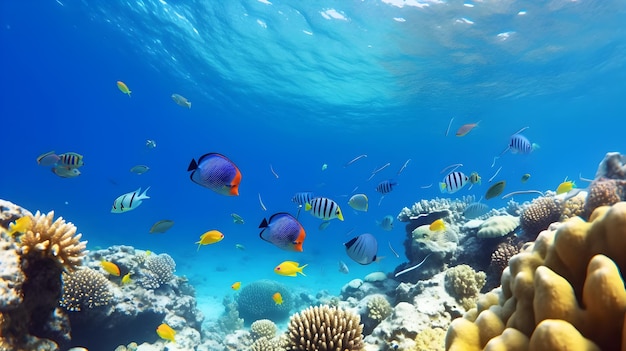 Una barriera corallina con pesci che nuotano nell'acqua