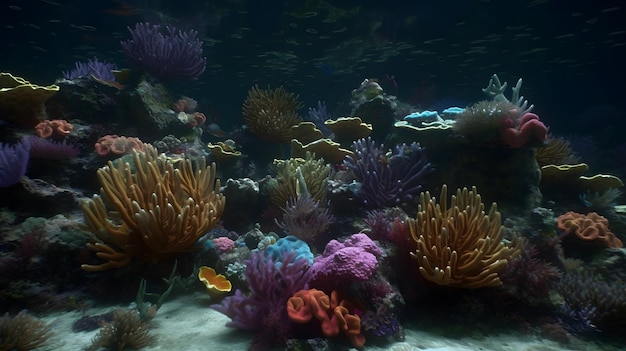 Una barriera corallina con un motivo blu e viola e un pesce che nuota nell'oceano.