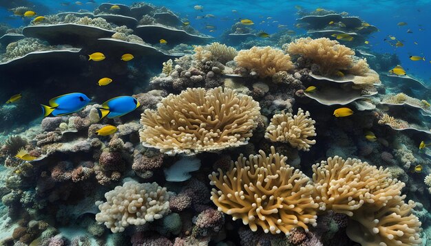 una barriera corallina con un pesce blu e alcuni altri pesci