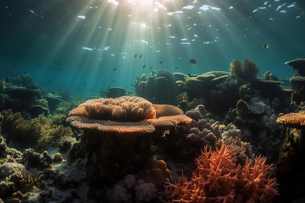 Una barriera corallina con un pesce che nuota sullo sfondo