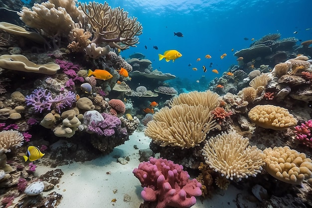 Una barriera corallina con un pesce che nuota sullo sfondo