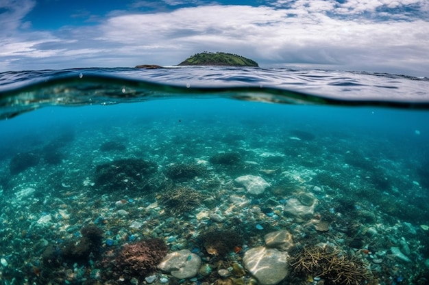 Una barriera corallina è visibile sopra la superficie dell'acqua.