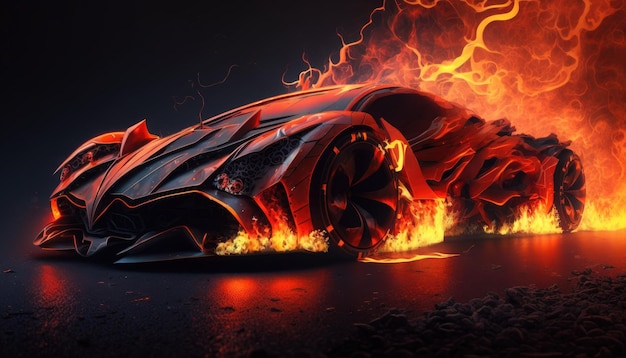 Una batmobile che sputa fuoco sta bruciando su uno sfondo nero.