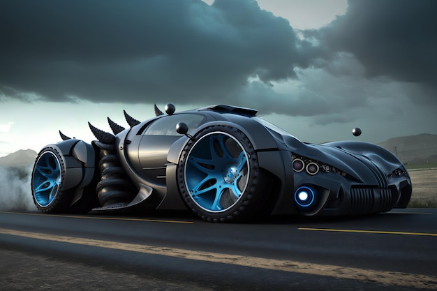 Una batmobile nera è sulla strada.