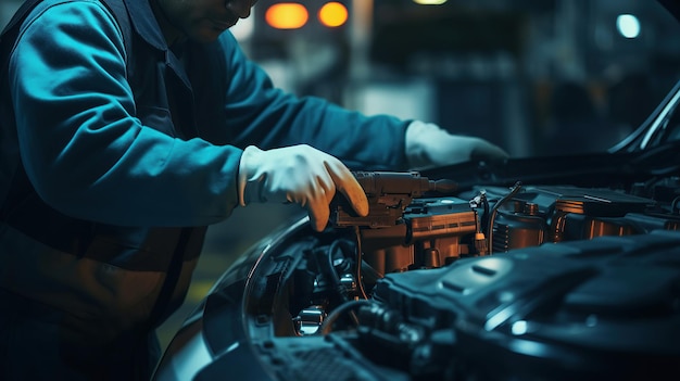 Una batteria d'auto viene maneggiata da un ingegnere o da un tecnico esperto