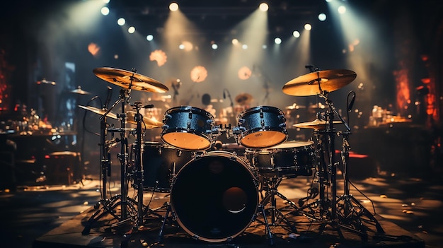 Una batteria rock rossa sul palco illuminata da dietro con faretti