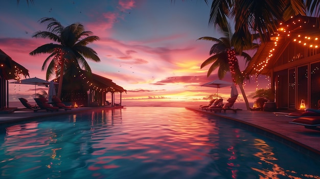 Una bella alba alla piscina di un hotel con le palme