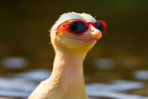 Una bella anatra che indossa occhiali da sole da vicino