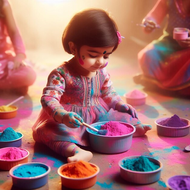 Una bella bambina gioca con molti colori a polvere in Happy Holi