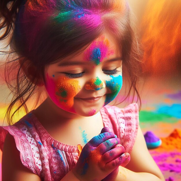 Una bella bambina gioca con molti colori a polvere in Happy Holi