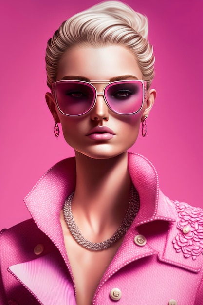 Una bella barbie che tiene gli occhiali da sole su uno sfondo rosa nello stile realistico