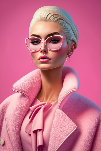 Una bella barbie che tiene gli occhiali da sole su uno sfondo rosa nello stile realistico