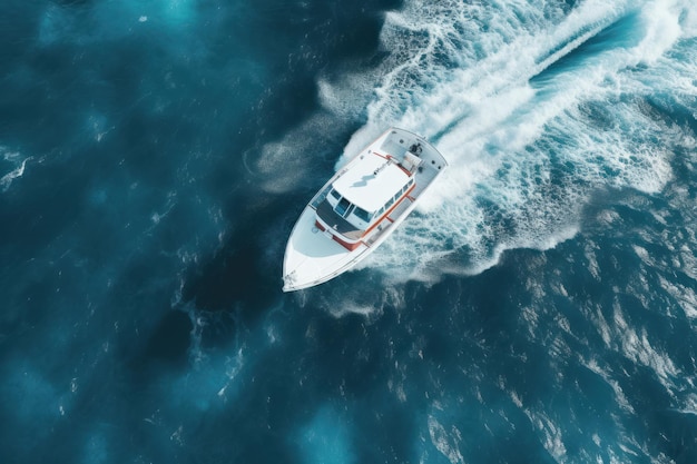 una bella barca bianca moderna naviga sul mare blu e sull'oceano lasciando una scia d'onda vista dall'alto