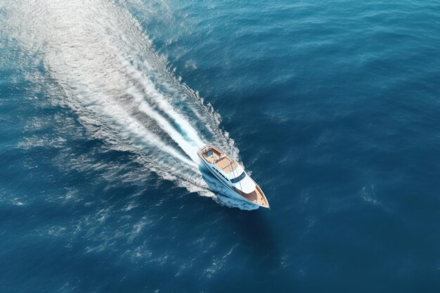 una bella barca bianca moderna naviga sul mare blu e sull'oceano lasciando una scia d'onda vista dall'alto