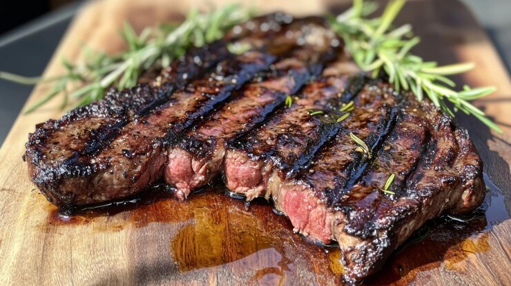 Foto una bella bistecca alla fiorentina alla griglia con una crosta perfettamente carbonizzata e un interno succoso servito su un piatto di legno con rosmarino fresco e un po' di olio d'oliva