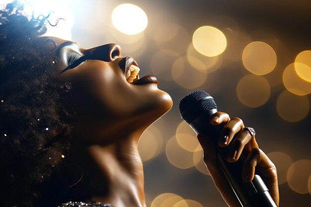 Una bella cantante afroamericana canta sul palco con luci bokeh dorate Illustrazione generativa di AI