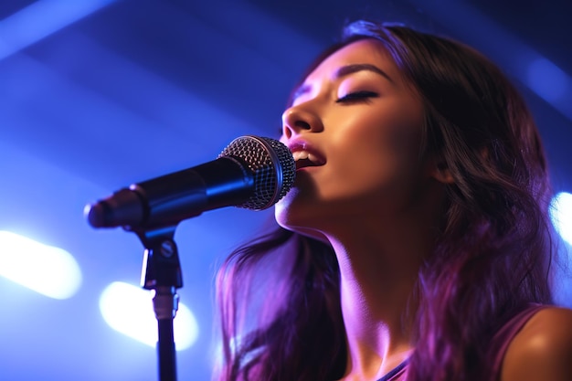 Una bella cantante asiatica canta sul palco sotto i riflettori