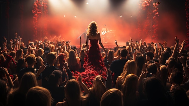 Una bella cantante donna che tiene il microfono su un palco una cantante stellare sul palco