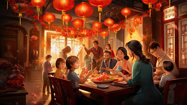 una bella carta da parati con una scena di riunione di famiglia completa di lanterne rosse cibo delizioso
