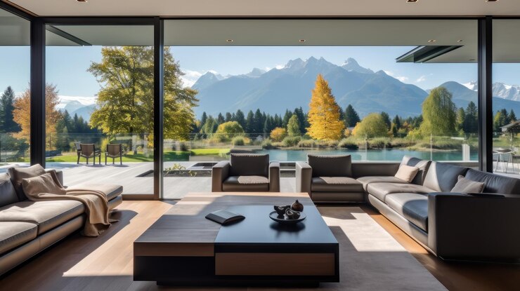 Una bella casa con un design minimalista e elegante con porte di vetro scorrevoli che rivelano un interno elegante