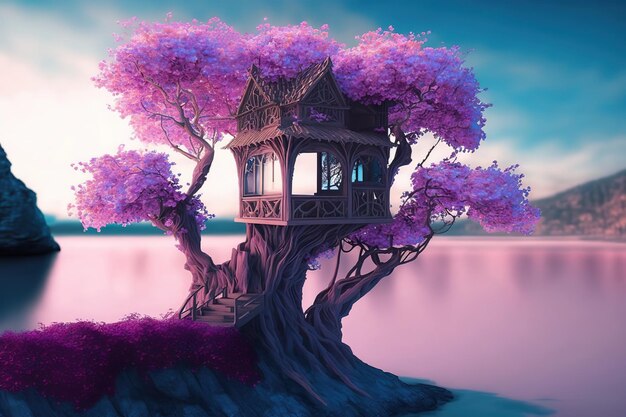 Una bella casa dolce costruita su un albero che sboccia di fiori viola e si trova sulla riva di un lago Generative AI