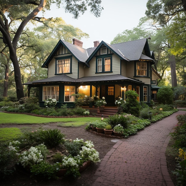 Una bella casa grande con un portico avvolgente con giardino