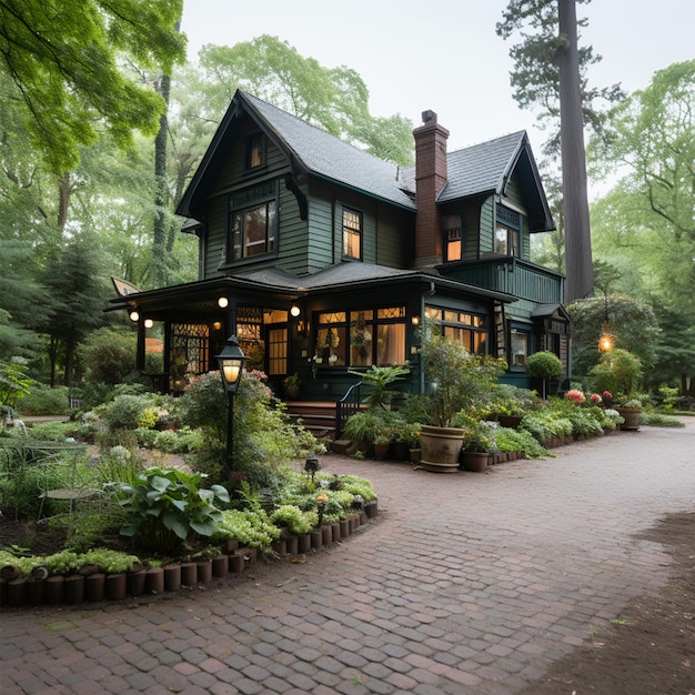 Una bella casa grande con un portico avvolgente con giardino