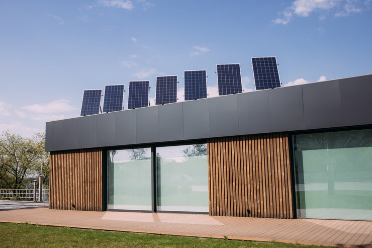 Una bella casa moderna in Europa piace costruire una casa a risparmio energetico installando il pannello solare sul tetto per aiutarli a risparmiare denaro e la cosa più importante è salvare il mondo. sfondo