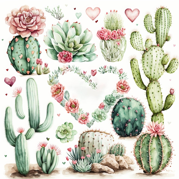 una bella collezione di san valentino cactus boho su sfondo bianco