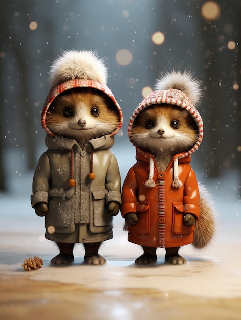 una bella coppia di animali è vestita in modo caloroso in inverno, avvolta in un'accogliente pelliccia naturale o piume, adorabili rannicchiarsi insieme scambiandosi calore, amare caldo e non congelare nel freddo regno animale