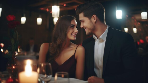 Una bella coppia di innamorati trascorre del tempo insieme per la cena al ristorante per festeggiare San Valentino