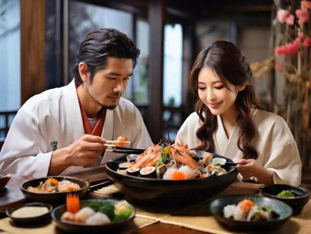 Una bella coppia giapponese che mangia cucina giapponese con frutti di mare freschi