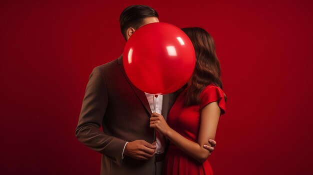 Una bella coppia si gode il bacio di San Valentino dietro un palloncino rosso a forma di cuore IA generativa