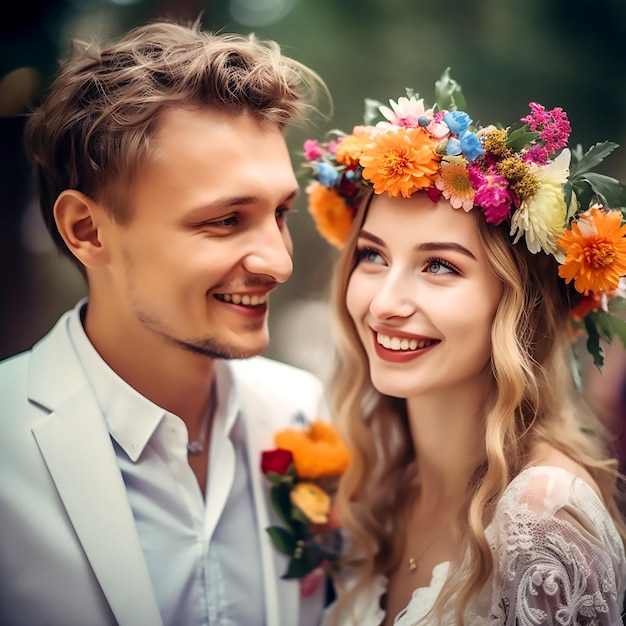 Una bella coppia sorridente posa per la fotocamera in uno sfondo sfocato