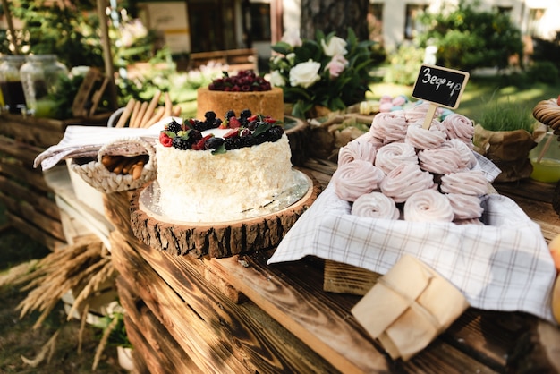 Una bella decorazione del tavolo del buffet nuziale all'aperto con i dolci