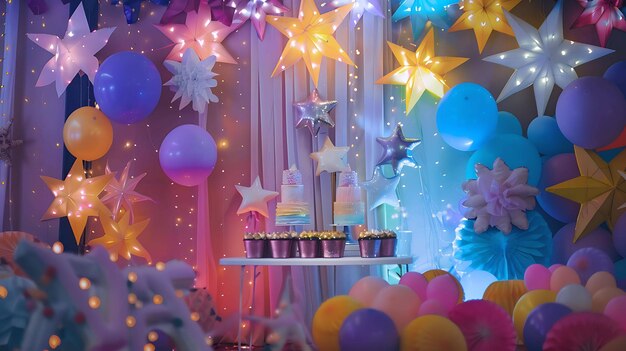 Una bella decorazione per la festa di compleanno con stelle colorate, palloncini e luci